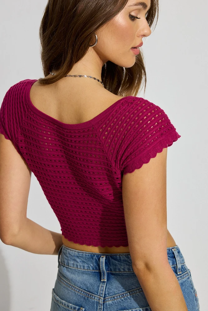 Sheer V-Neck Knit Crop Tee