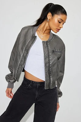 Crop Washed Faux Leather Bomber