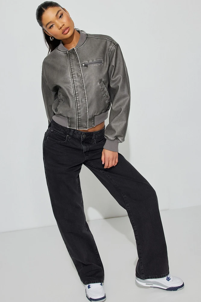 Crop Washed Faux Leather Bomber