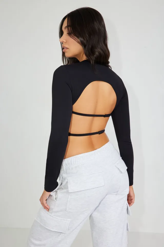 Fitted Long-Sleeve Strappy Keyhole Top