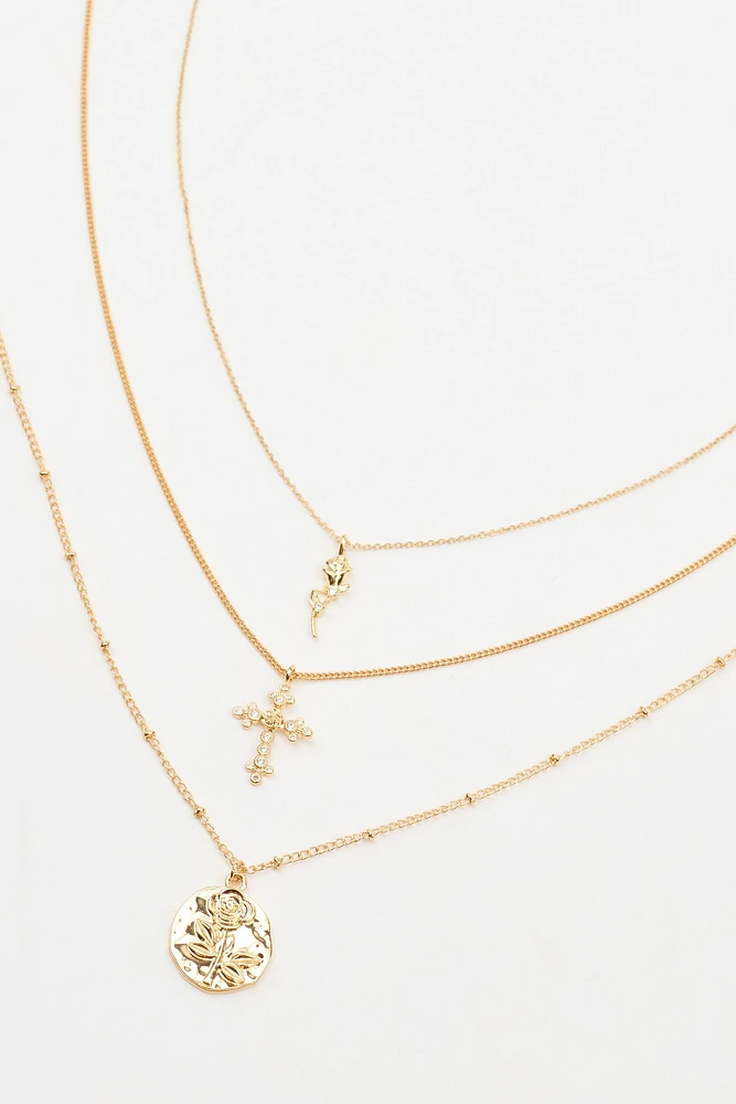 Set of 3 Rose Cross Necklaces