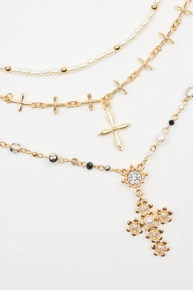 Set of 3 Rosary, Cross, and Pearl Necklaces