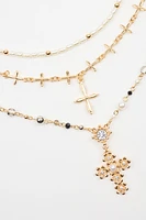 Set of 3 Rosary, Cross, and Pearl Necklaces