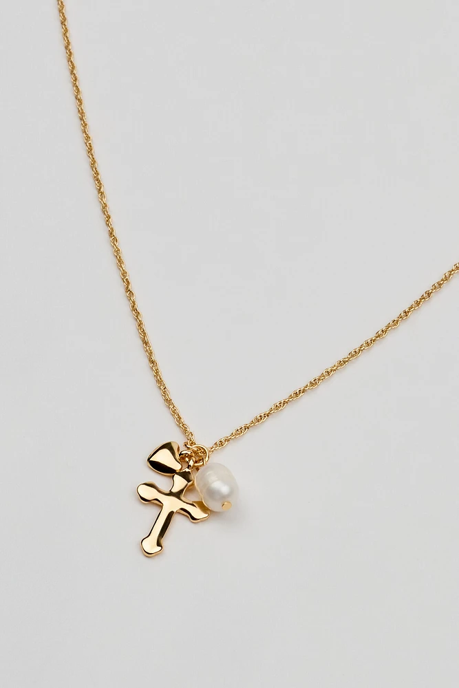 Collier à pendentif en cœur, croix et perle