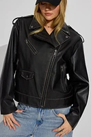 Washed Faux Leather Biker Jacket