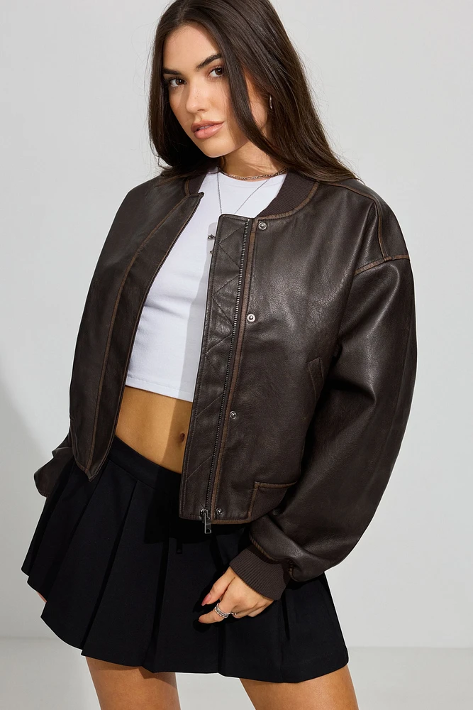 Crop Faux Leather Bomber