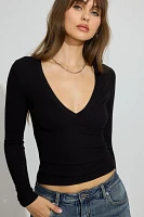 Ribbed Deep V Neck Long Sleeve Top
