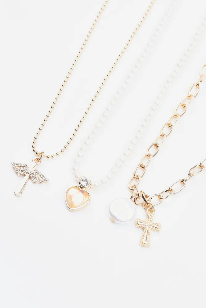 Set of 3 Heart, Wing, & Cross Necklace