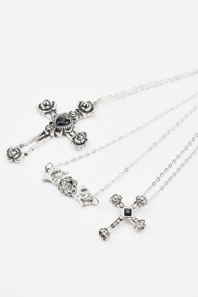 Ensemble de 3 colliers à fleur, croix et rose