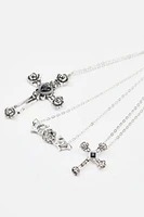 Ensemble de 3 colliers à fleur, croix et rose