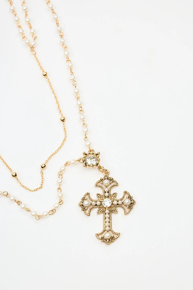 Set of 2 Pearl & Cross Rosary Necklace 