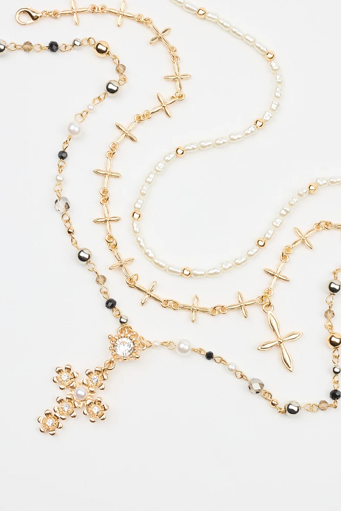 Set of 3 Rosary, Cross, and Pearl Necklaces