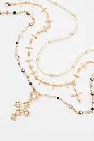 Set of 3 Rosary, Cross, and Pearl Necklaces