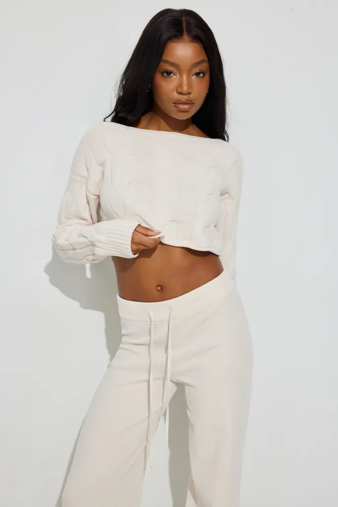 Cropped Cable Crewneck Sweater