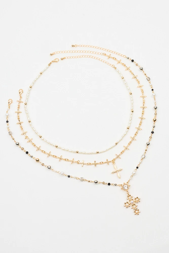 Set of 3 Rosary, Cross, and Pearl Necklaces