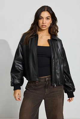 Faux Leather Puff Bomber