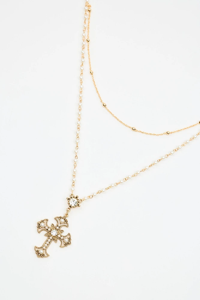 Set of 2 Pearl & Cross Rosary Necklace 