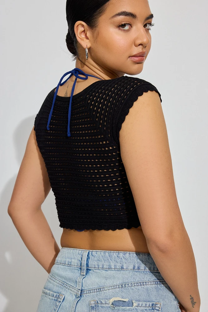 Sheer V-Neck Knit Crop Tee