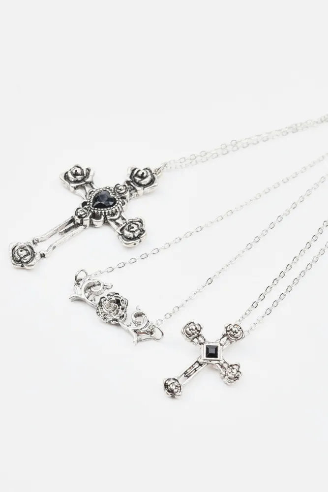 Set of 3 Flower, Cross, & Roses Necklace