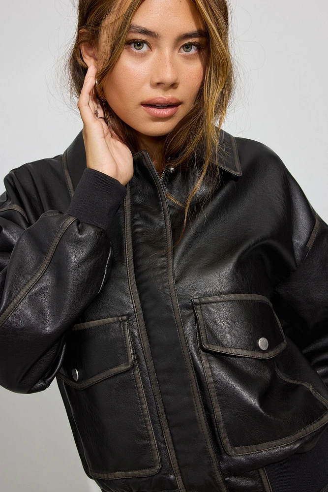 Long Faux Leather Bomber