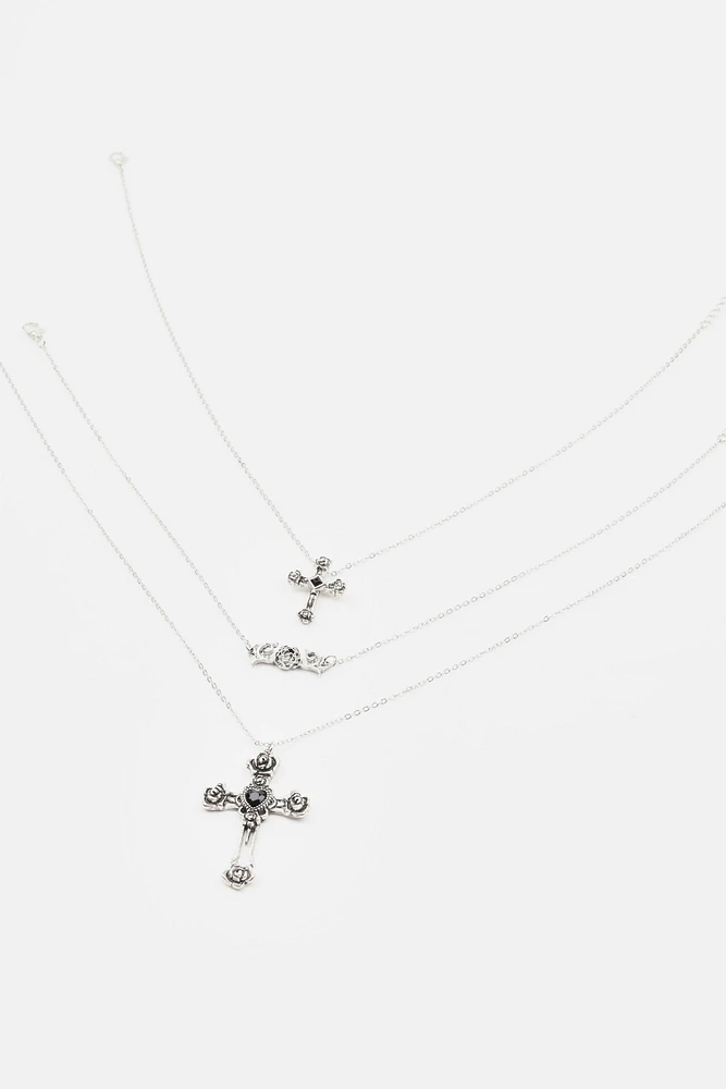 Ensemble de 3 colliers à fleur, croix et rose