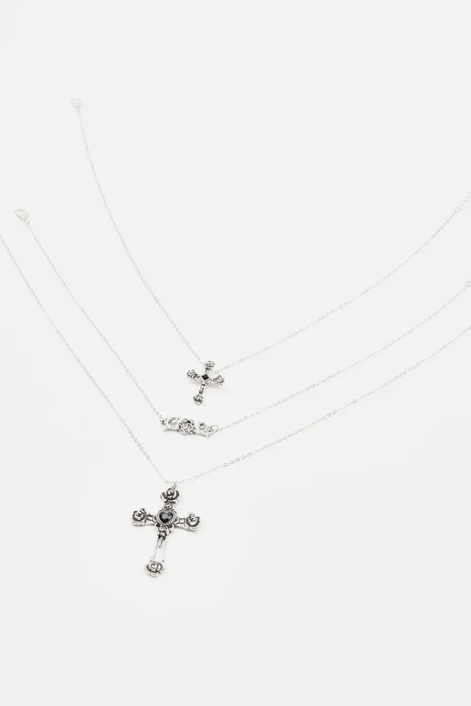 Set of 3 Flower, Cross, & Roses Necklace