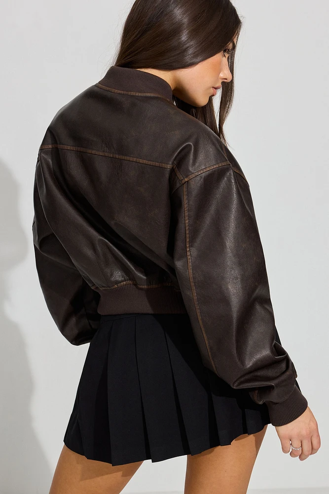 Crop Faux Leather Bomber