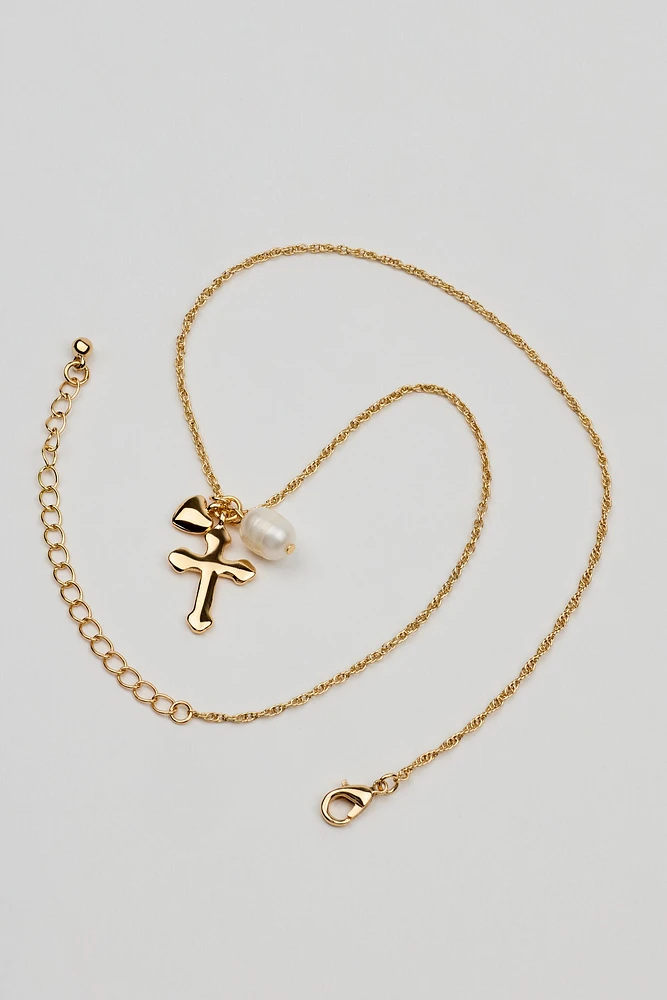 Collier à pendentif en cœur, croix et perle