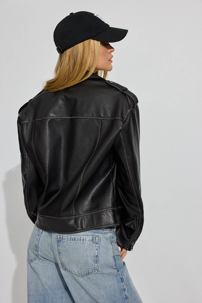 Washed Faux Leather Biker Jacket