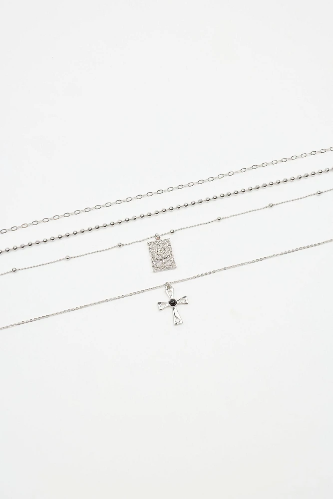 Set Of 4 Cross & Rose Pendant Necklaces