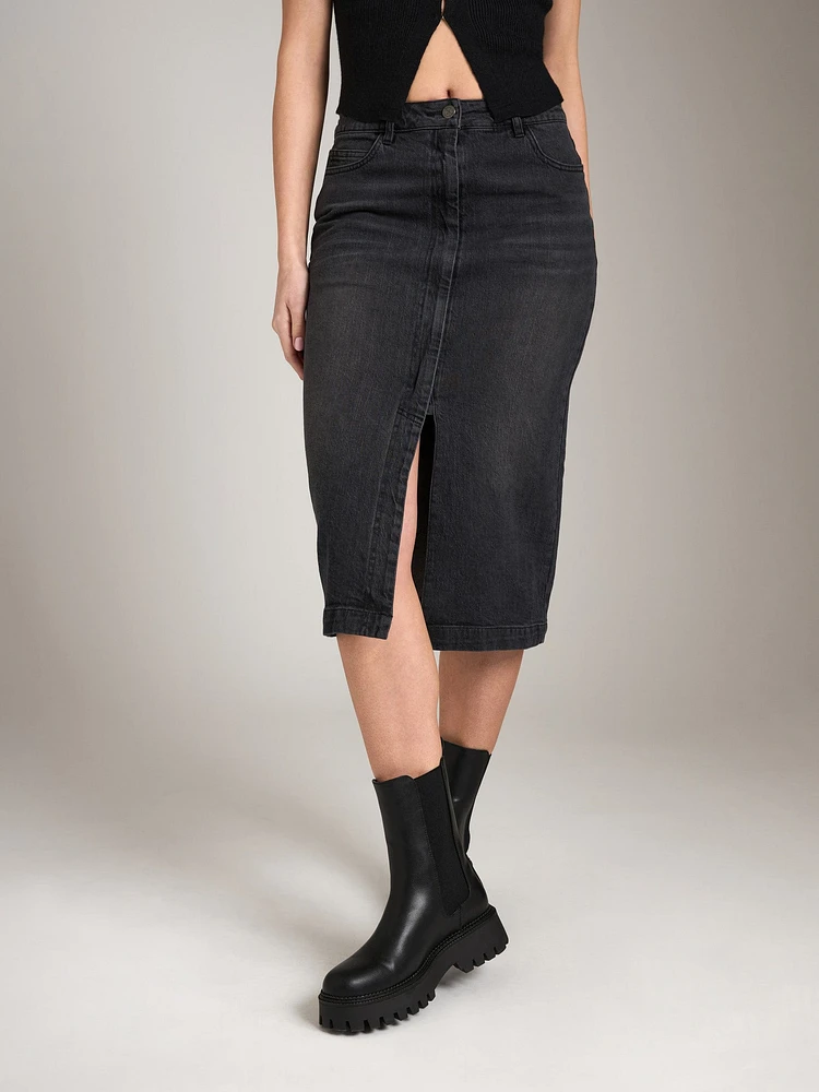 Seville Denim Midi Pencil Zip Skirt - Washed Black