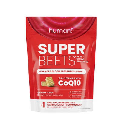 HumanN Superbeets Advanced Heart Chews Blood Pressure Support Healthy - Acai Berry 60 (30 Servings)