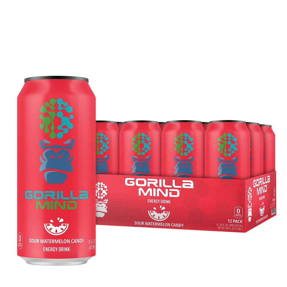 Gorilla Mind Energy Drink - Sour Watermelon Candy - 16Oz. (12 Cans)