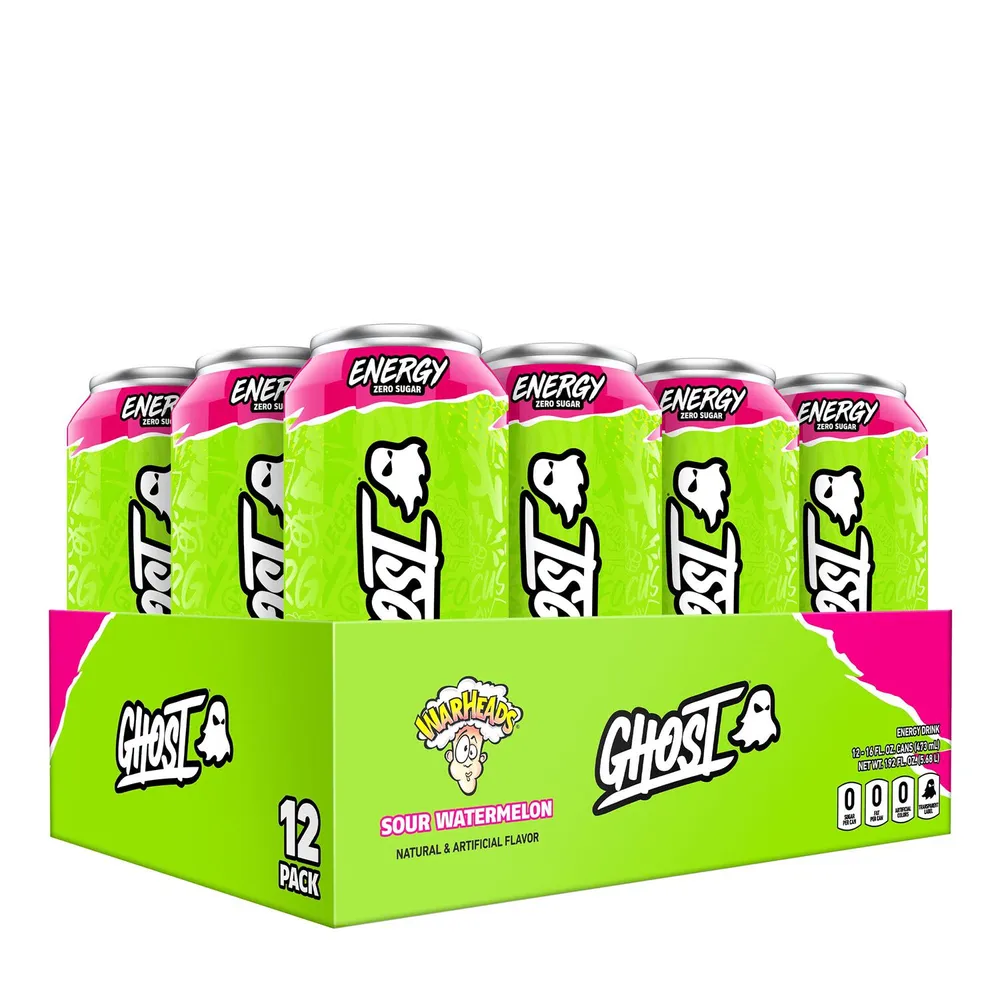GHOST Energy Drink - Warheads Sour Watermelon - 16Oz. (12 Cans) - Zero Sugar