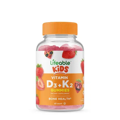 Lifeable Vitamin D3 + K2 Kids Gummies - Strawberry - 60 Gummies (60 Servings)