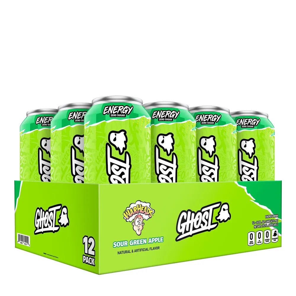 GHOST Energy Drink - Warheads Sour Green Apple - 16Oz. (12 Cans) - Zero Sugar