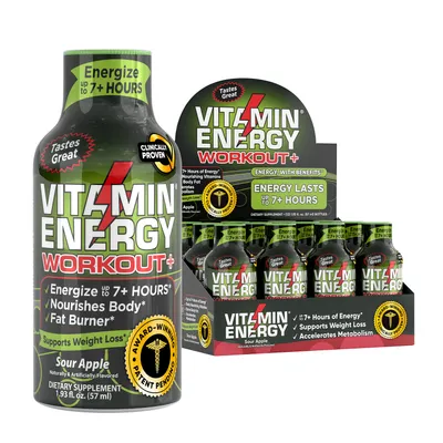 Vitamin Energy Workout+ Liquid Supplement - Sour Apple - 12 Bottles