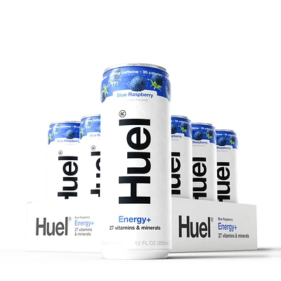 Huel Energy+ Vitamin Energy Drink - Blue Raspberry - 12 Oz. (12 Cans)