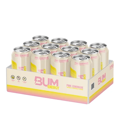 Bum Energy Energy Drink - Pink Lemonade - 12Oz. (12 Cans) - Zero Sugar