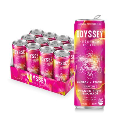 Odyssey Wellness Sparkling Mushroom Elixir (Energy + Focus) - Dragon Fruit Lemonade - 12 Count - 12 Cans