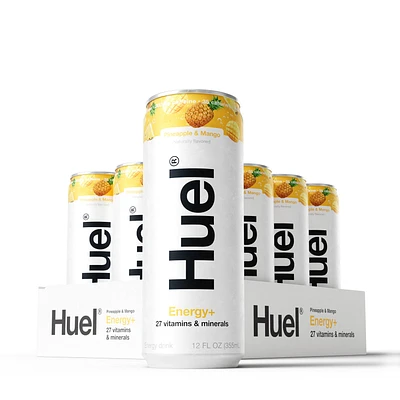 Huel Energy+ Vitamin Energy Drink - Pineapple & Mango - 12 Oz. (12 Cans)