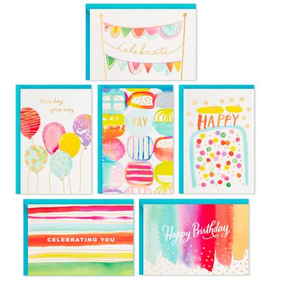Assorted Bright Watercolor Boxed Birthday Note Cards, Pack of 36