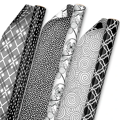 Black and White Prints 3-Pack Reversible Wrapping Paper, 75 sq. ft. total for only USD 16.99 | Hallmark