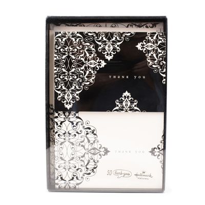 Black and Ivory Scroll Thank-You Notes, Box of 50