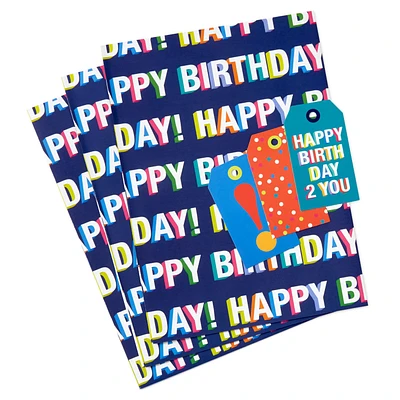 Colorful Shadow Lettering Birthday Flat Wrapping Paper With Gift Tags, 3 sheets for only USD 6.99 | Hallmark