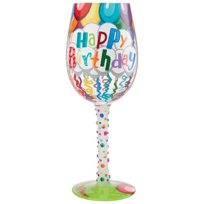 Lolita Happy Birthday Balloons and Streamers Handpainted Wine Glass, 15 oz. for only USD 32.99 | Hallmark