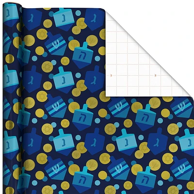 Dreidels and Gelt on Metallic Navy Hanukkah Wrapping Paper Roll, 22.5 sq. ft. for only USD 4.99 | Hallmark