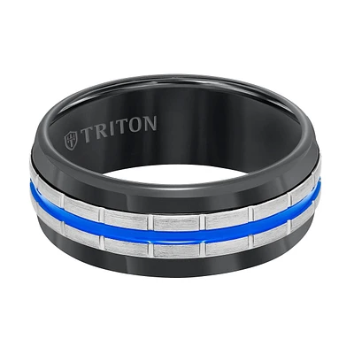 Triton Ladies 8mm Black Tungsten Carbide Band with Electric Blue Stripes 11-5944BCB8-L.00