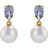 14K Yellow Cultured White Akoya Pearl & Natural Tanzanite Earrings