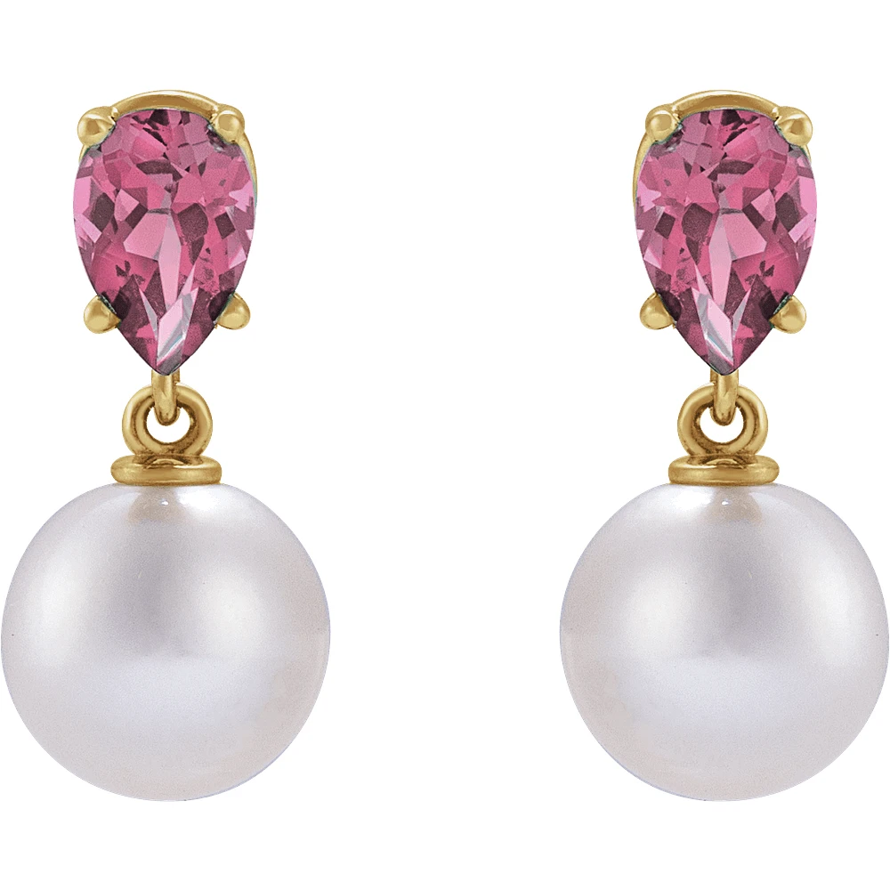 14K Yellow Cultured White Akoya Pearl & Natural Pink Tourmaline Earrings